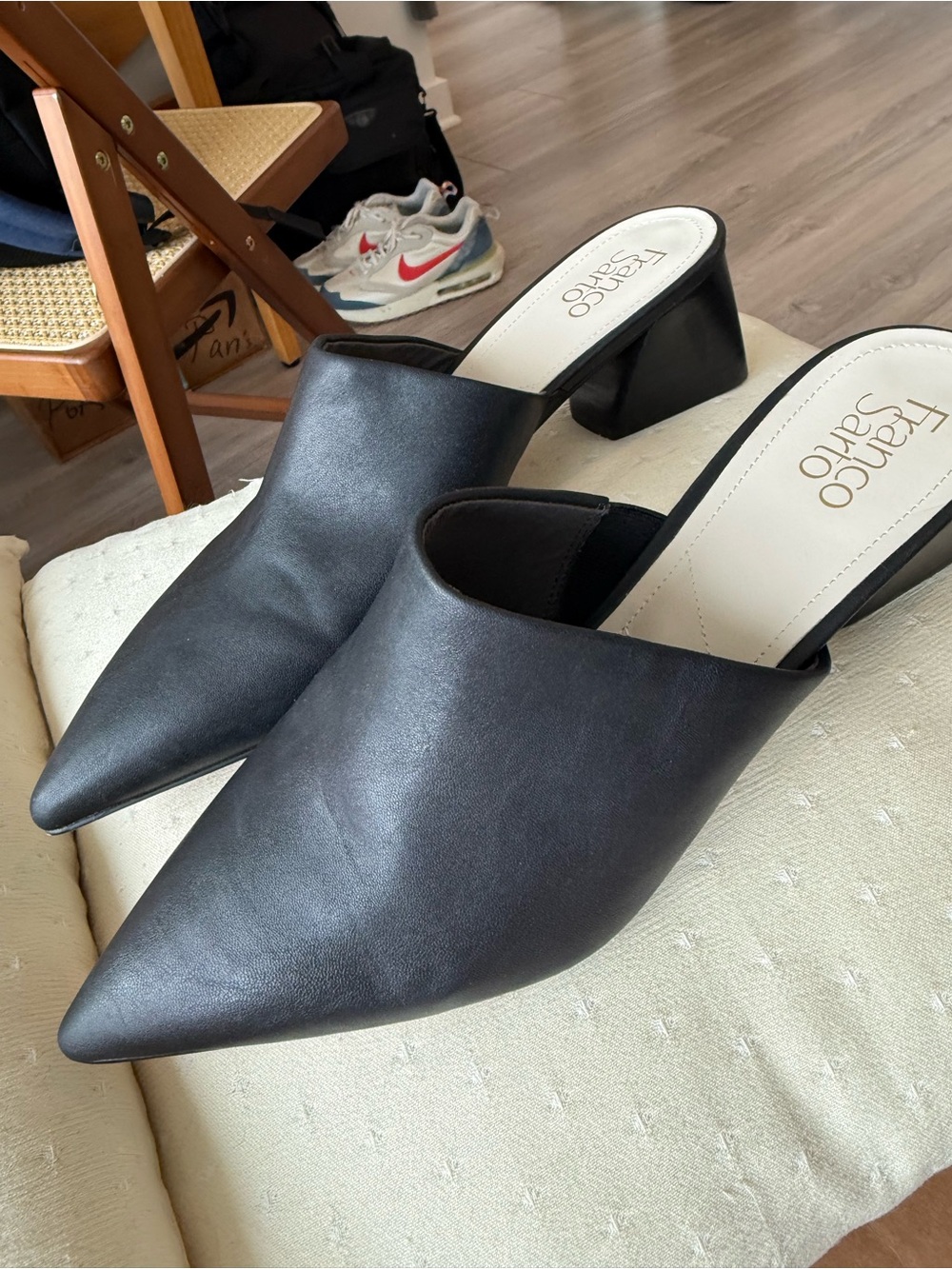 Franco Sarto Black Pointed Leather Slip-On Mules with Block Heel